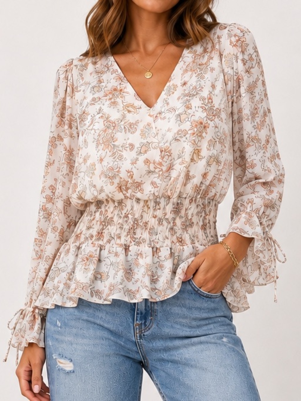 London Rose Floral Smocked Waist Peplum Blouse Long Sleeve Cream Size L